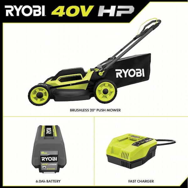 RYOBI 20 in. 40-Volt Brushless Lithium-Ion Cordless Battery Walk Behind Push Lawn Mower 6.0 Ah Battery/Charger Included