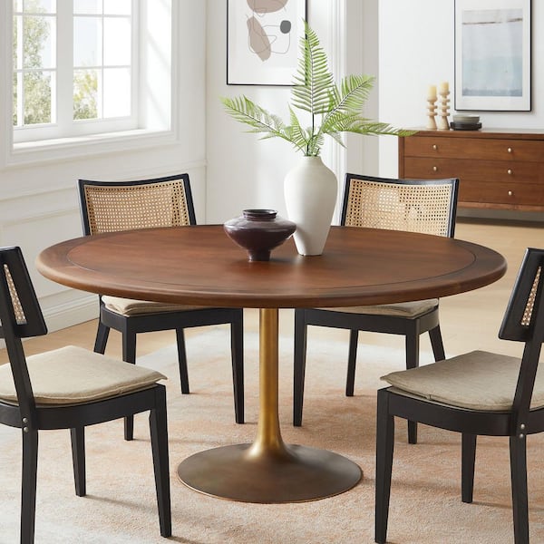 Lippa Round Brass Walnut Solid Mango Wood 60 in. Pedestal Base Dining Table for 6-Seats