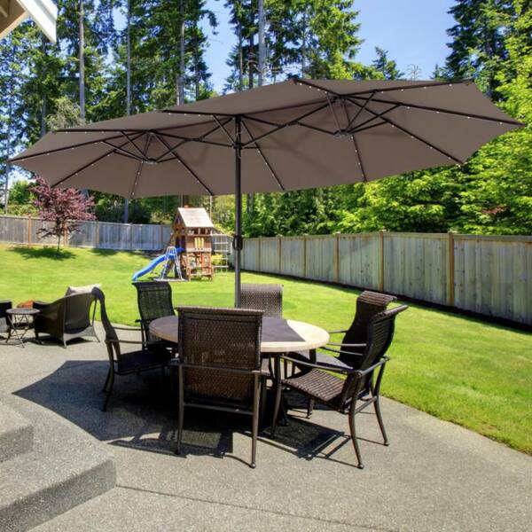 double vented patio umbrella solar lights Clihome 15 ft. Double-Sided Solar LED Lighted Patio Umbrella in Light Brown with Crank and Vented Canopy for Backyard Garden