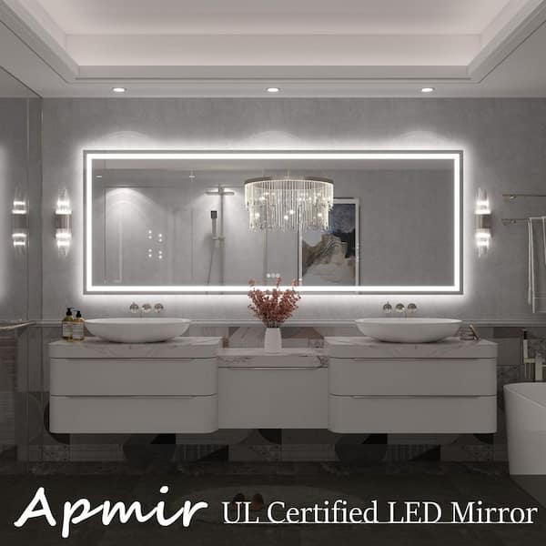 84 in. W x 32 in. H Large Rectangular Frameless Double LED Lights Anti-Fog Wall Bathroom Vanity Mirror in Tempered Glass
