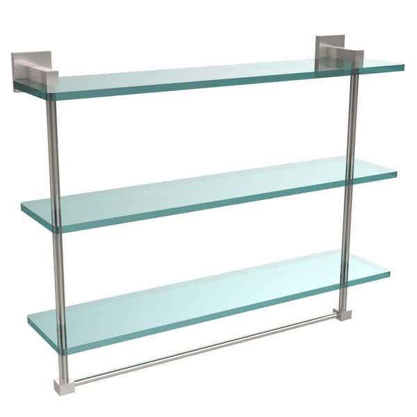Montero 16 in. L x 18 in. H x 6-1/4 in. W 3-Tier Clear Glass Bathroom Shelf with Towel Bar in Satin Nickel