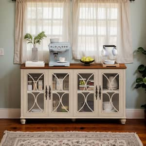 Elegant European Antique Style Beige Wood Pantry Organizer with Tempered Glass Doors