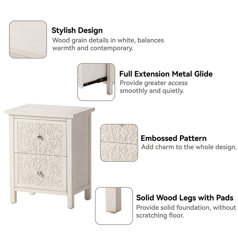 White-Washed Farmhouse 2-Drawer Nightstand with Floral Motif