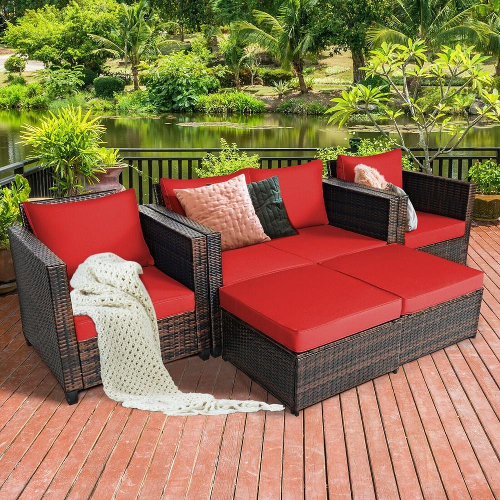 5-Piece Red Cushioned Rattan Patio Furniture Set with Ottoman