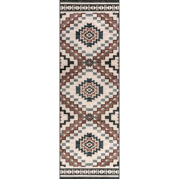 2.6 ft. x 10 ft. Beige Violeta Timeless Medallion Spill Proof Washable Indoor Area Rug