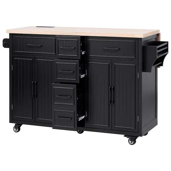 Black Wood 56.5 in. Kitchen Island on Wheels with 4-Doors, 5-Deep Drawers and Adjustable Shelves