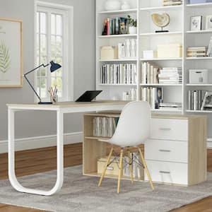 55.1 in. L-Shaped Beige Wood Computer Desk Writing Desk Office Executive Desk W/Removable Tabletop, Shelves, 3-Drawers