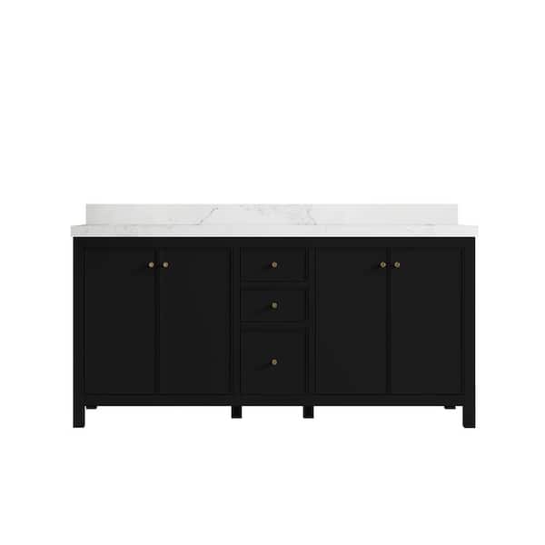 Willow Collections Chicago 72 in. W x 22 in. D x 36 in. H Double Sink Bath Vanity in Black with 2 in. Calacatta Nuvo Qt. Top
