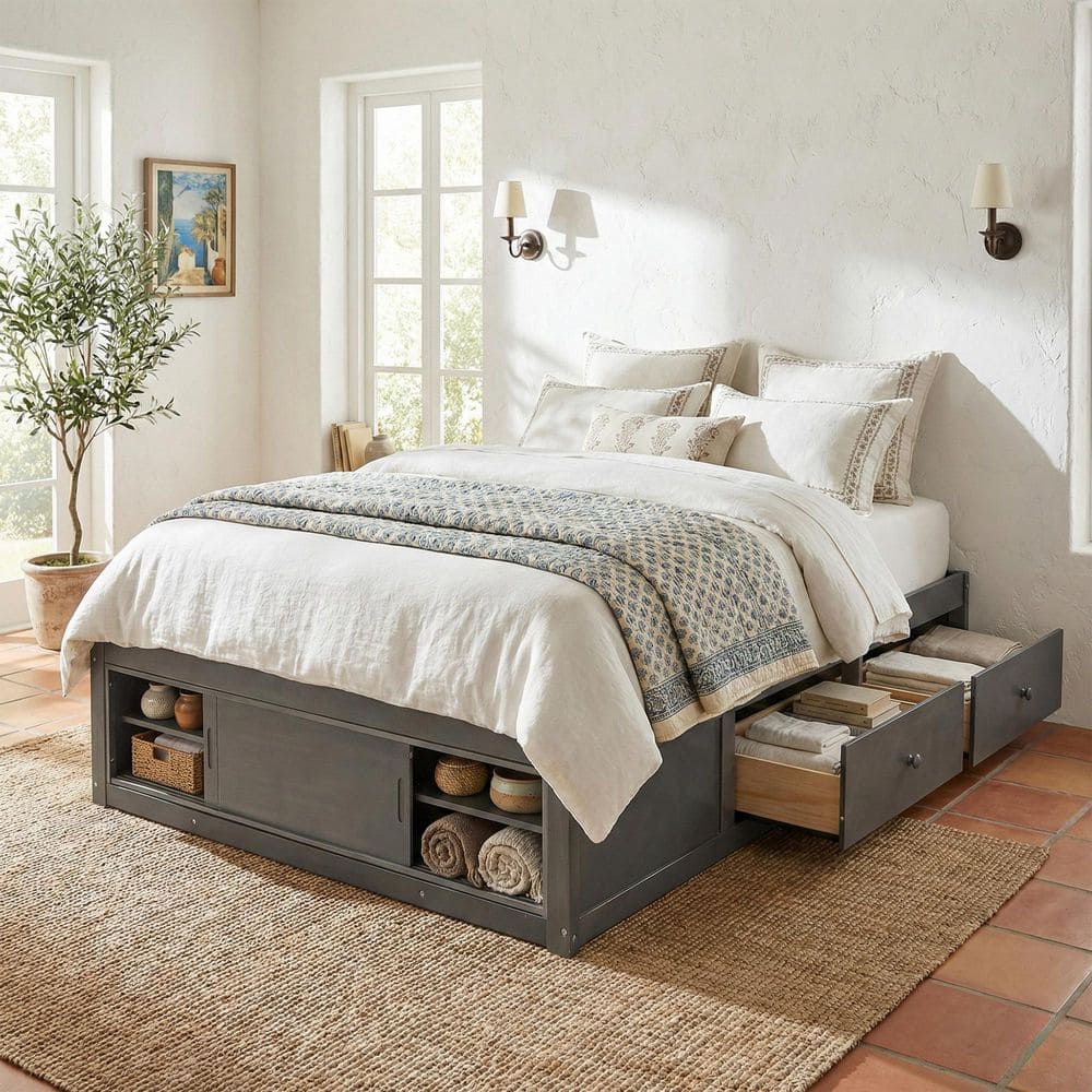 Harper & Bright Designs Antique Gray Wood Frame Queen Size Platform Bed ...
