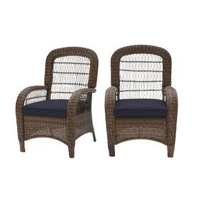 Beacon Park Brown Wicker Outdoor Patio Captain Dining Chair with CushionGuard Midnight Navy Blue Cushions (2-Pack)