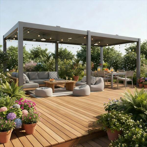 10 ft. x 26 ft. Dark Gray Aluminum Patio Pergola with Built-In Solar Panel, Ceiling Fan and Round LED Light
