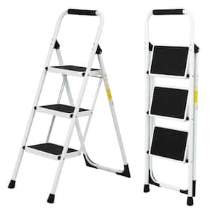 3-Step Iron Folding Step Stool Ladder 550 lbs. Load Capacity, White (9 ft. Reach Height)