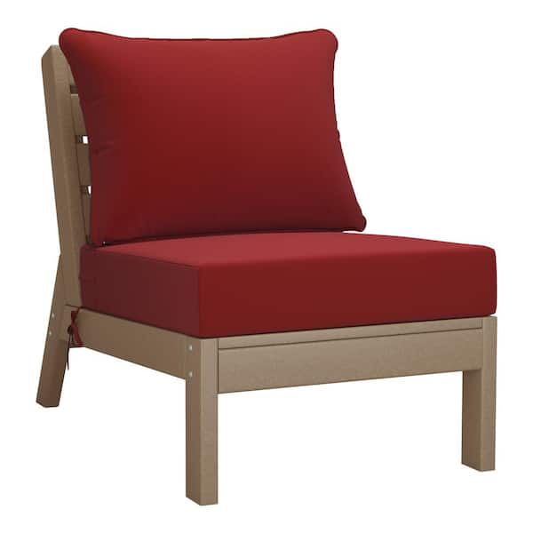Westin Outdoor Birchwood Outdoor Patio Deep Seating HDPE Armless Lounge Chair in Weathered Wood with Red Cushions