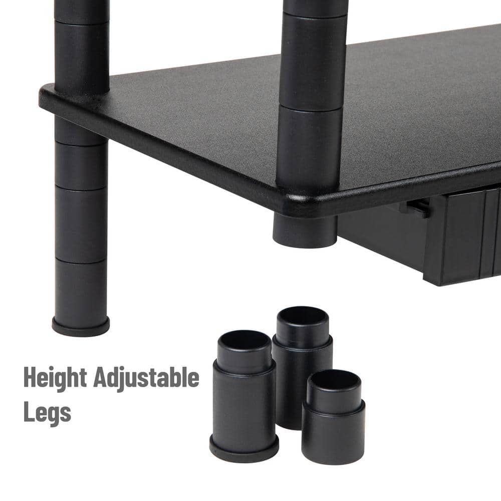 Black Dual Monitor Stand with Storage Shelves and Drawers