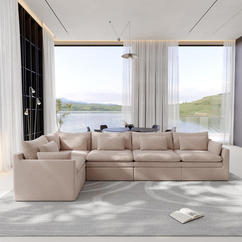 156 in. Square Arm 5-Piece Polyester Down Feather Modular Sectional Sofa Free Combination Living Room Couch Khaki