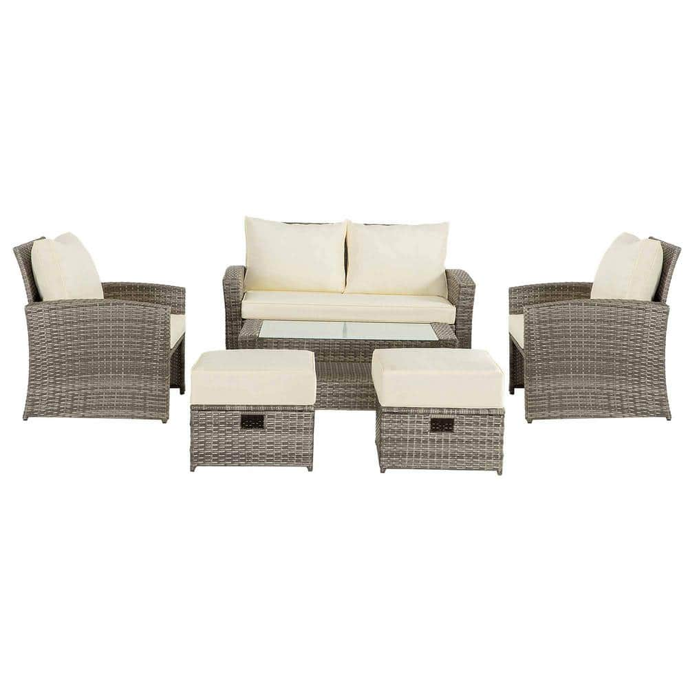 6-Piece Gray Wicker Outdoor Sectional Set with Beige Cushions, 2 ...