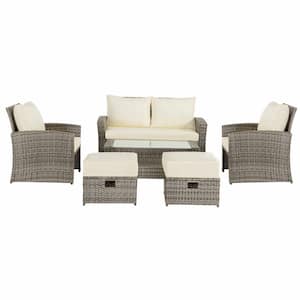 6-Piece Gray Wicker Outdoor Sectional Set with Beige Cushions, 2 Ottomans and Coffee Table for Garden, Patio