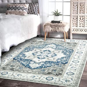 Light Blue 8 ft. x 10 ft. Vintage Medallion Washable Oriental Area Rug