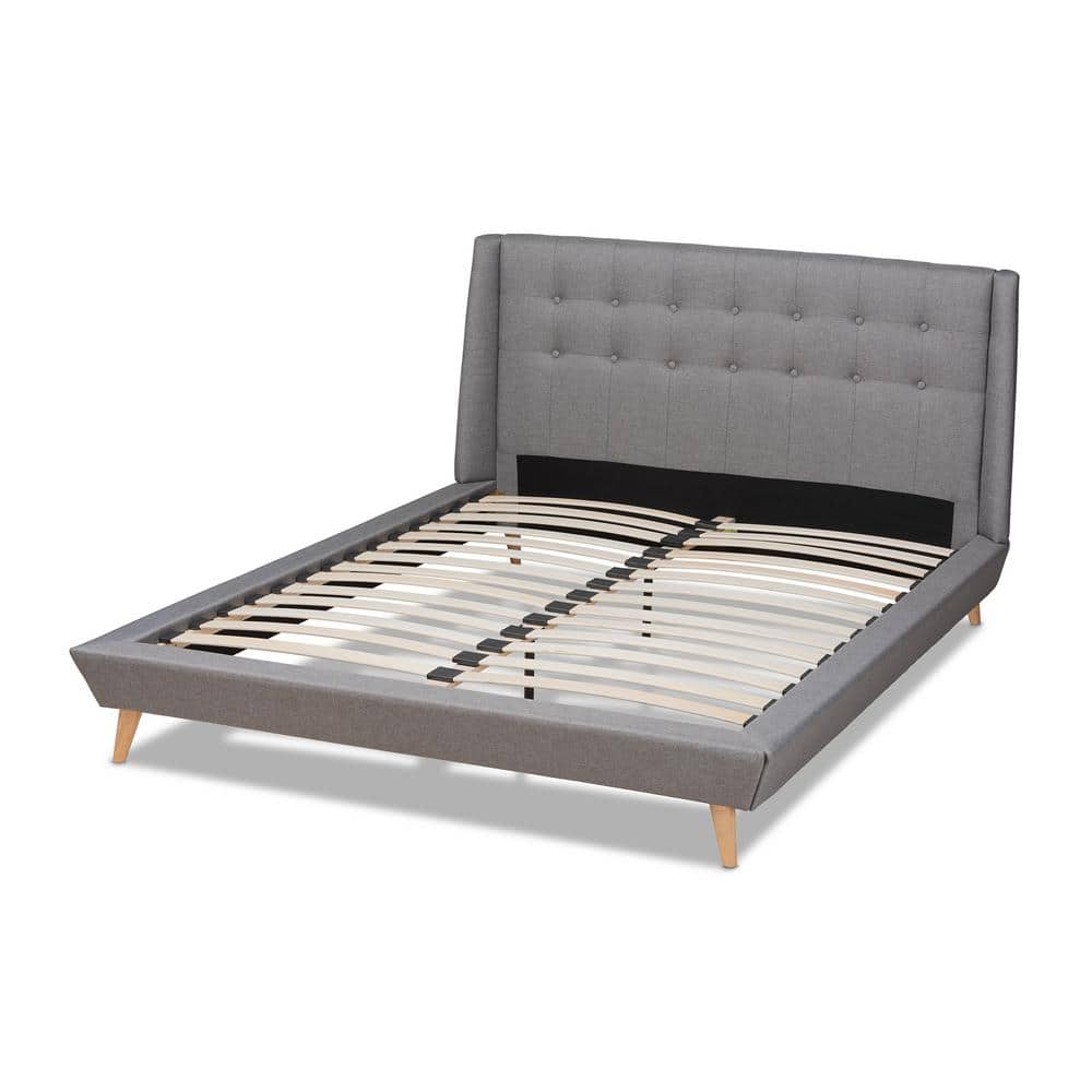 Naya King-Size Grey Tufted Wingback Upholstered Bed with Oak Legs