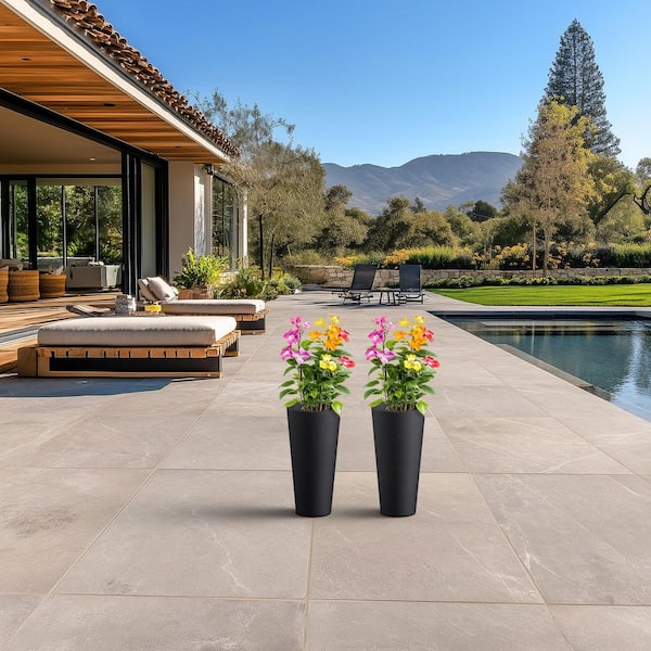 Sapcrete 8 in. Medium Charcoal Black (Enhanced Interior) Concrete Round Planter / Pot with Drainage Holes Set of 2