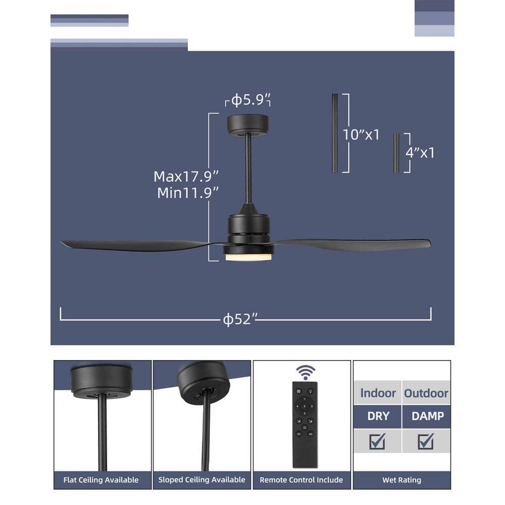 52-Inch Matte Black Ceiling Fan with LED Light and Remote