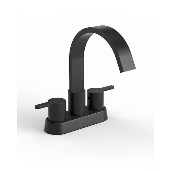 YAWWALK 4 in. Centerset Double Handle High Arc Bathroom Faucet with Waterfall Spout in Matte Black (Valve Included)