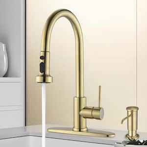 Single-Handle Pull Down Sprayer Kitchen Faucet with Soap Dispenser Included and 3 Modes in Brushed Gold