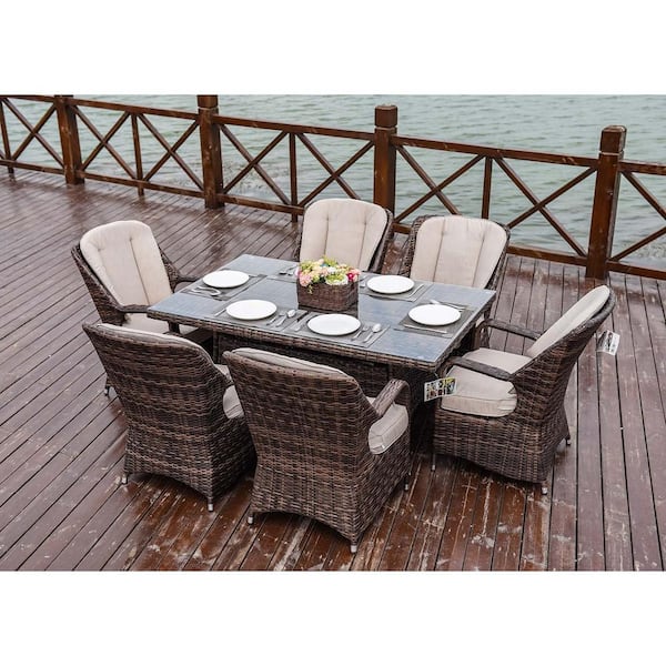 Ozark Brown 7 Piece Wicker Rectangular Outdoor Dining Set with Beige Cushion