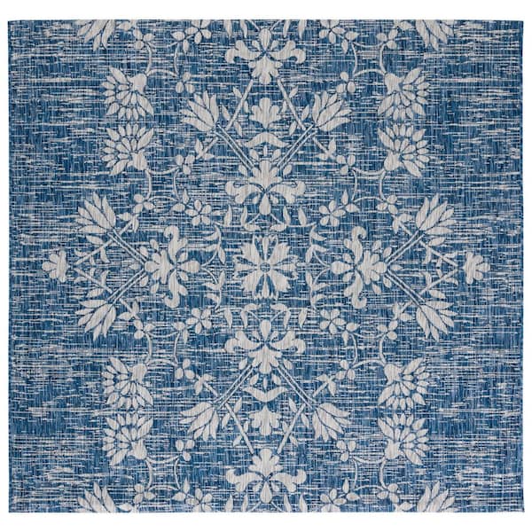 Courtyard Navy/Gray 7 ft. x 7 ft. Antique Floral Indoor/Outdoor Square Area Rug