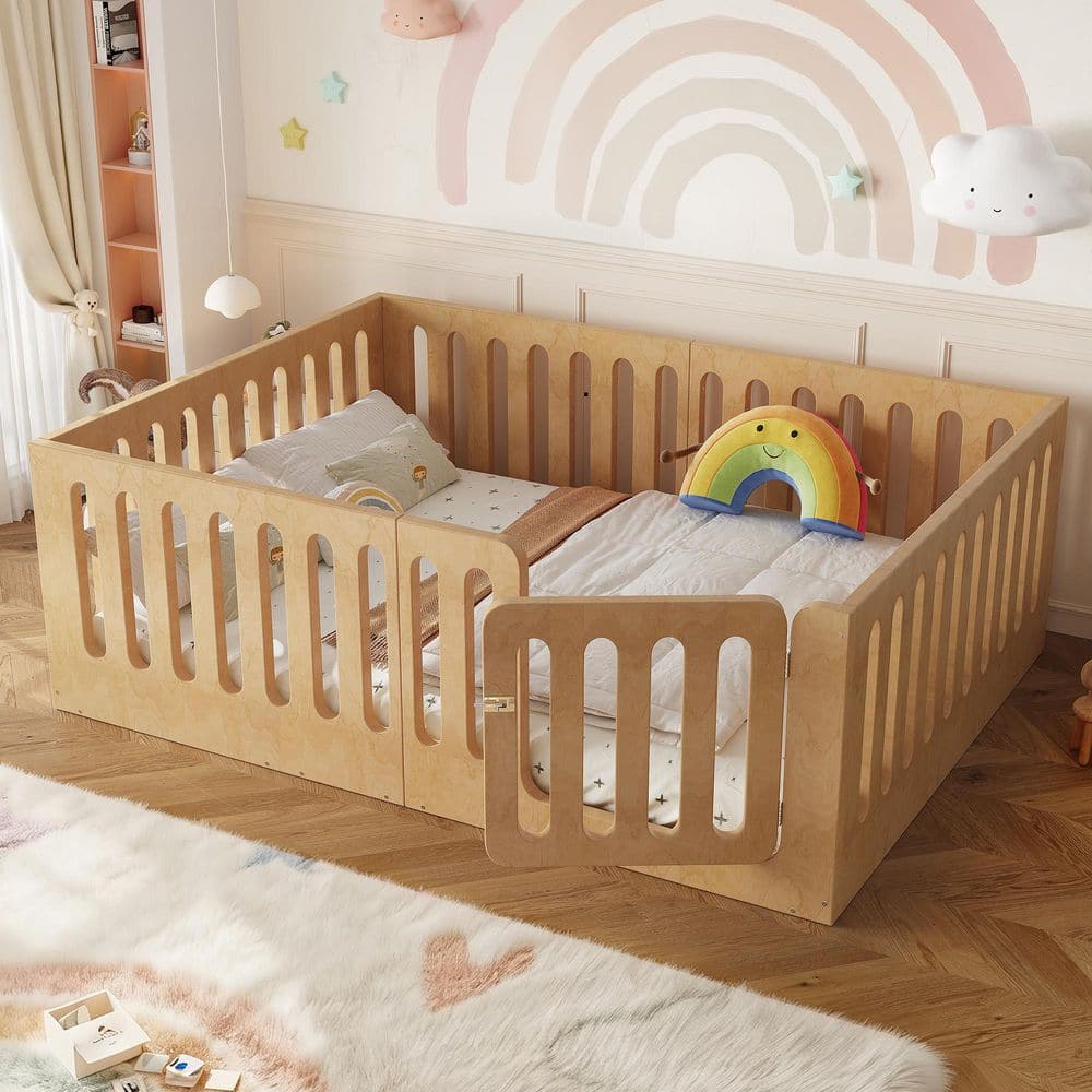 Low-Profile Natural Full Size Wood Frame Montessori Bed Floor Bed, Kid Bed with High Security Fence, Door