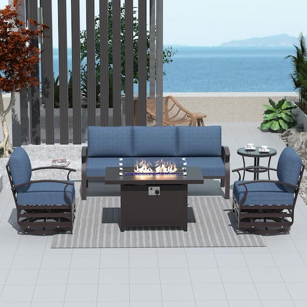 Halmuz 5-Piece Aluminum Patio Conversation Set with armrest, Firepit Table, Swivel Rocking Chairs and Cushion Navy Blue