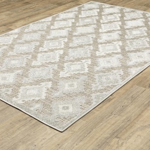 Tudor Beige Doormat 3 ft. x 5 ft. Oriental Ikat Lattice Polypropylene Mixed Pile Indoor Area Rug
