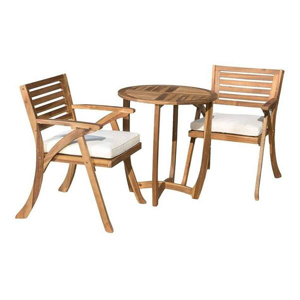 3-Piece Wood Outdoor Dining Set with White Cushions