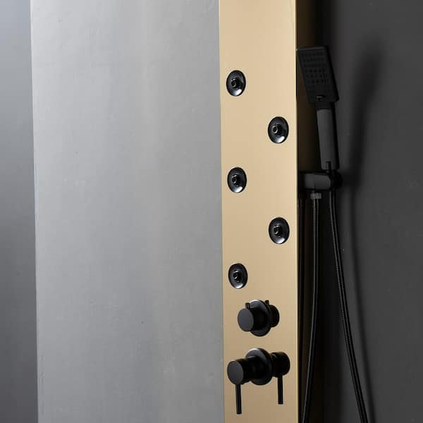 Dual 4-in-1 5-Jet Rainfall Shower Panel System with Rainfall Waterfall Shower Head and Shower Wand in Black Gold