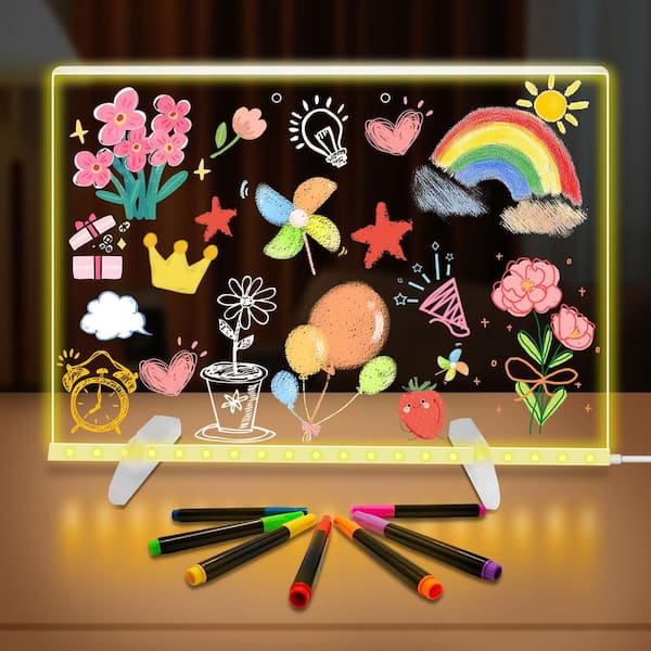 LED Note Board with Colors, 13.8 x 10 in. 4-Modes & 7-Colors Acrylic Message Board w/ Light Stand Hanging Chain, Markers