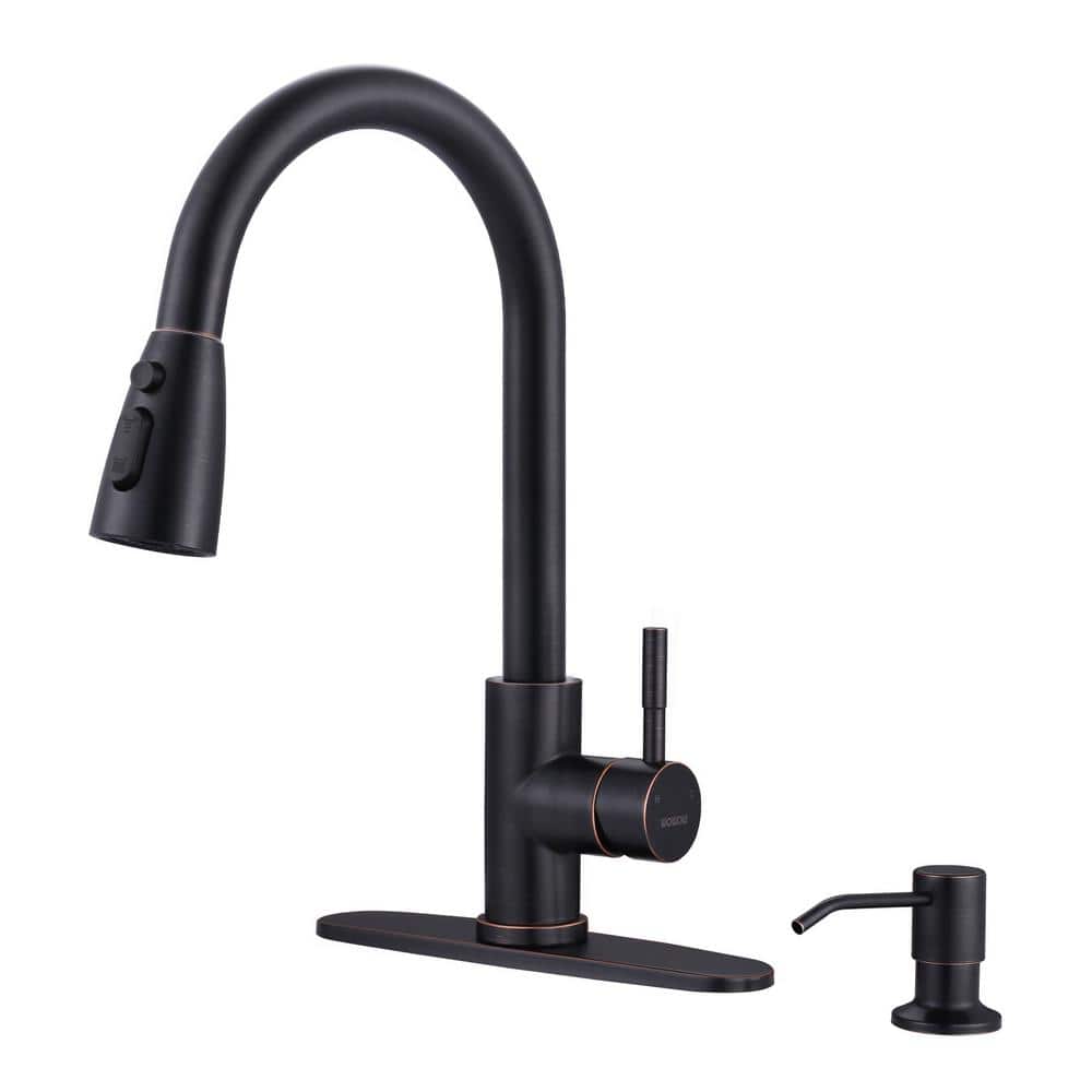 Oil-Rubbed Bronze High Arc Kitchen Faucet with Pull-out Spray and Soap Dispenser