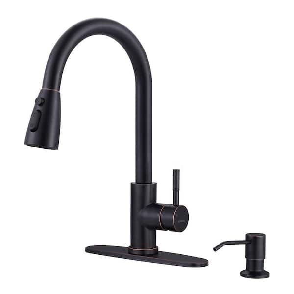 WOWOW Single Handle Pull Down Sprayer Kitchen Faucet with Deckplate and Soap Dispenser in Oil Rubbed Bronze