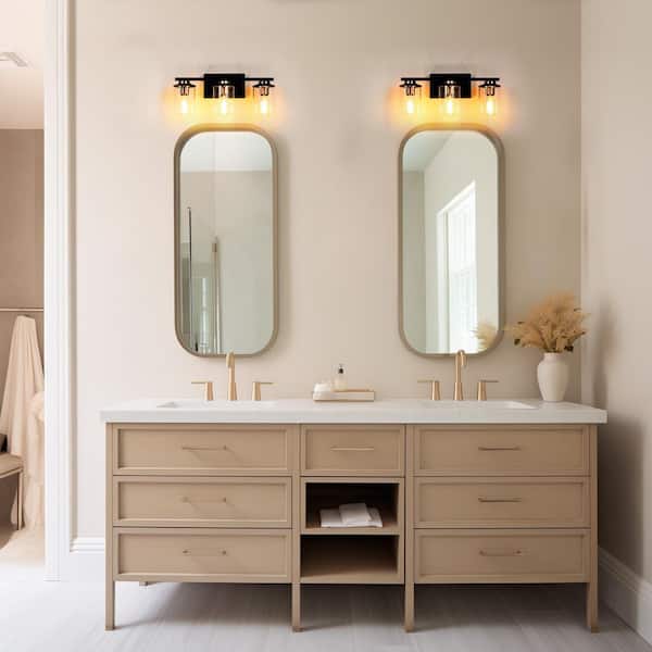 19 in. 3-Light Black Vanity Light with Clear Cylinder Glass Shades Dimmable Wall Fixture for Bathrooms Powder Rooms