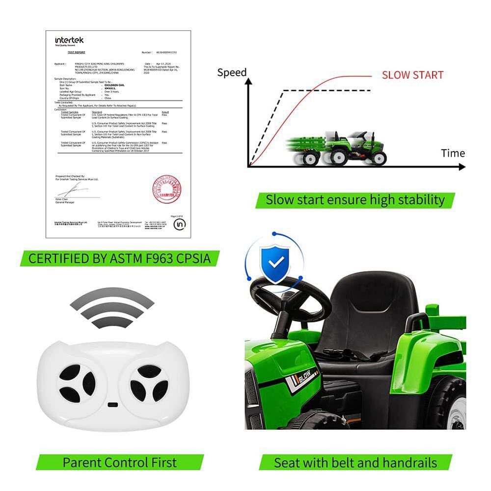Green 12V Electric Ride-On Tractor with Trailer and Remote Control