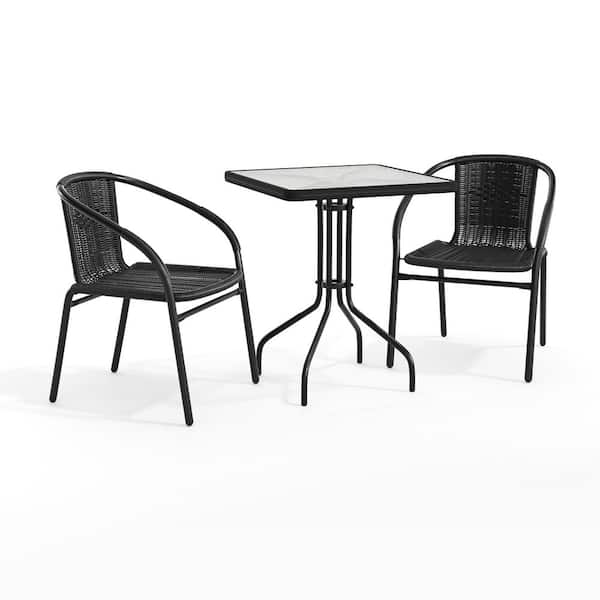 3-Piece Glass Square Outdoor Bistro Set in Clear/Black