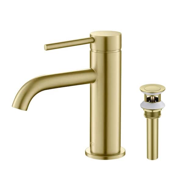 Single Handle Lever Handle Single Hole Bathroom Sink Faucet with Supply Lines and Pop-Up Drain in Brushed Gold