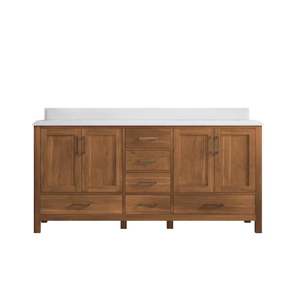 Willow Collections Malibu Teak 72 in. W x 22 in. D x 36 in. H Double Sink Bath Vanity in Gold Teak with 1.5" White Quartz Top