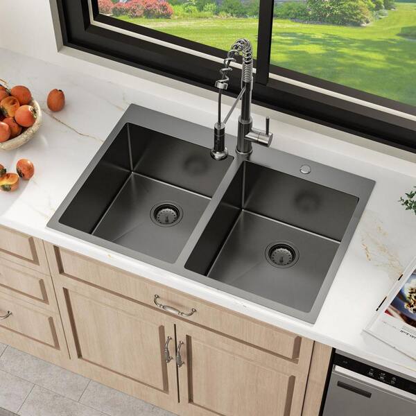 Sarlai 33 in. Drop-in/Topmount 50/50 Double Bowl 16-Gauge Gunmetal