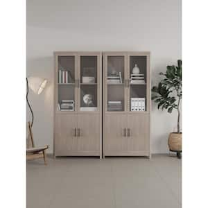 Jodie 67.6 in. Tall Mid-Century Modern Whitewashed Oak Composite Wood 6-Shelf Bookcase with Glass Doors (Set of 2)