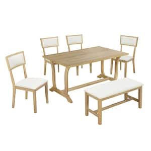 Farmhouse 6-Piece Brown Rectangle Wood Trestle Dining Table Set with Upholstered Chairs and Bench