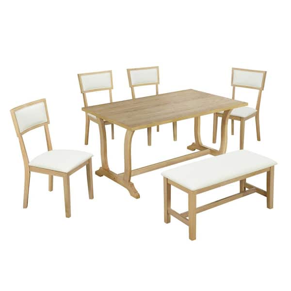 Harper & Bright Designs Farmhouse 6-Piece Brown Rectangle Wood Trestle Dining Table Set with Upholstered Chairs and Bench