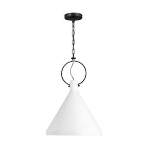 Lyon Medium 1-Light Matte White Shaded Pendant Light with Matte White Steel Shade and LED Light Bulb