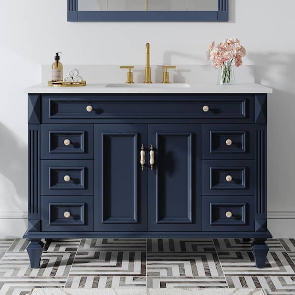 48 in. W x 22 in. D x 35 in. H Solid Wood Certified Single Sink Bath Vanity in Navy Blue with Stain-resistant Quartz Top
