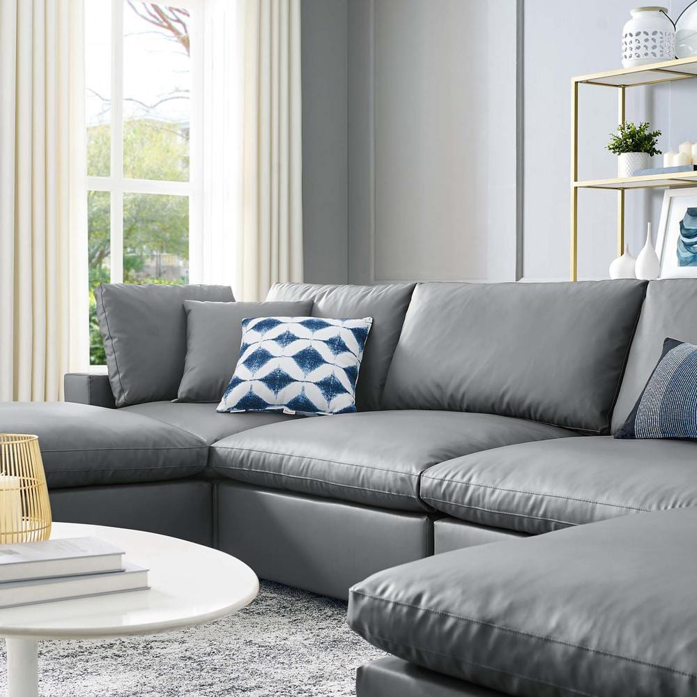 Gray Faux Leather Six-Piece Sectional Sofa with Ottoman