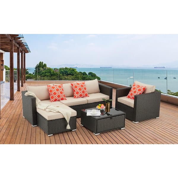 Cesicia 6-Pieces PE Rattan Wicker Outdoor Sofa Set Conversation Furniture Couch with Beige Cushions
